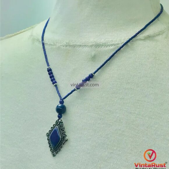 Artisan Lapis Lazuli Diamond Pendant Necklace, Ethnic Lapis Lazuli Pendant - Picture 3 of 8
